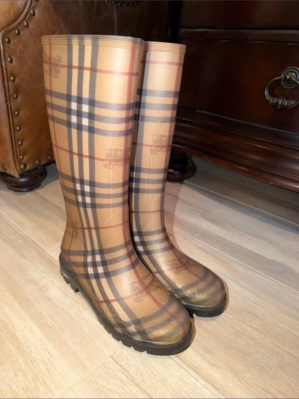 Burberry Tan Plaid Tall Rain Boots
